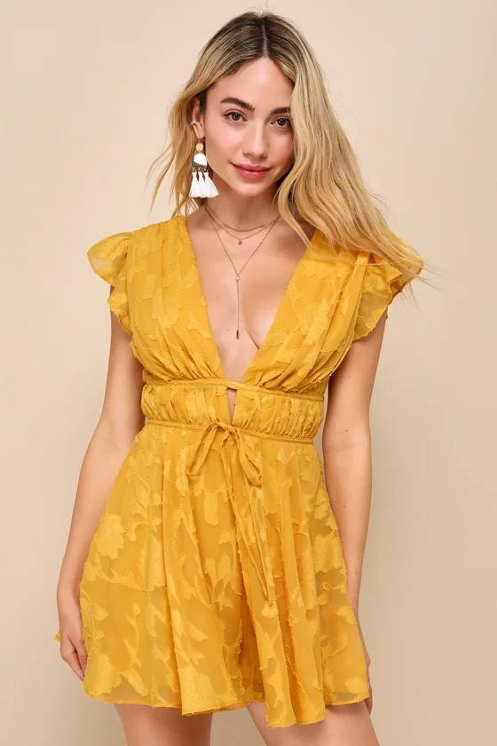 All About The Flowers Yellow Burnout Floral Ruffled Romper