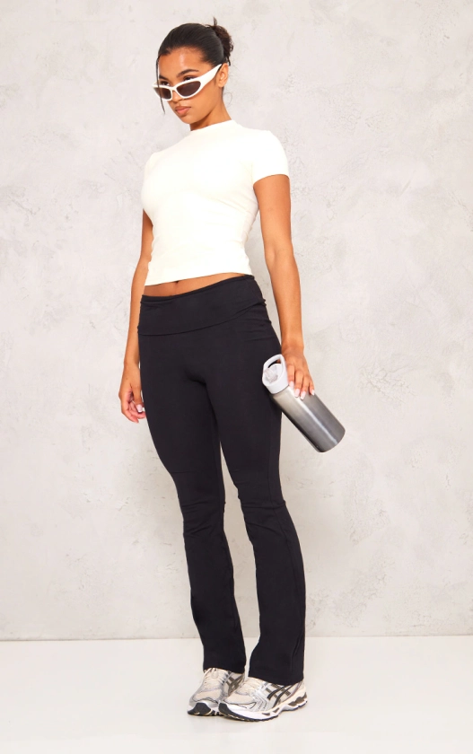 Black Cotton Fold Over Waist Flare Trousers
