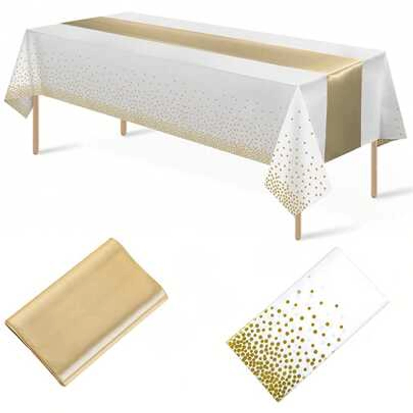 2 paquets, 1 pièce Nappe jetable en plastique et 1 pièce Chemin de table en satin, nappe blanche et or à pois, chemin de table en satin doré pour les décorations de mariage, anniversaire, Noël et Nouvel An