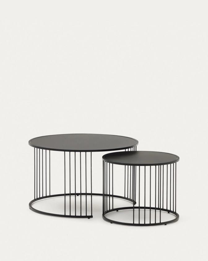 Set Hadar 2 tavolini ad incastro in vetro temperato e metallo verniciato nero Ø75cm/Ø 45cm | Kave Home