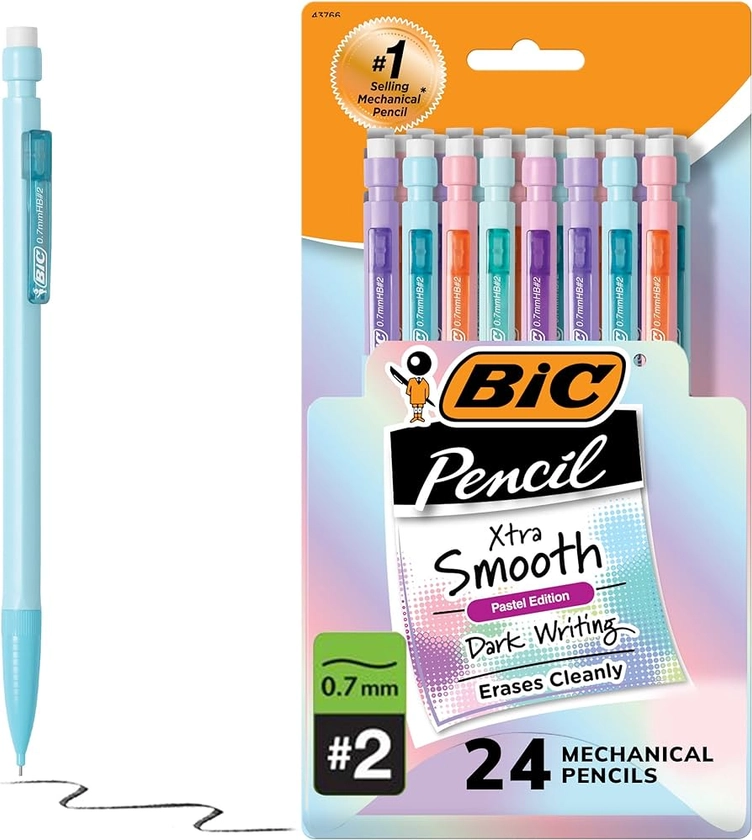 BIC Xtra-Smooth Pastel Mechanical Pencils with Erasers, Medium Point (0.7mm), 24-Count Pack, Bulk Mechanical Pencils for School or Office Supplies