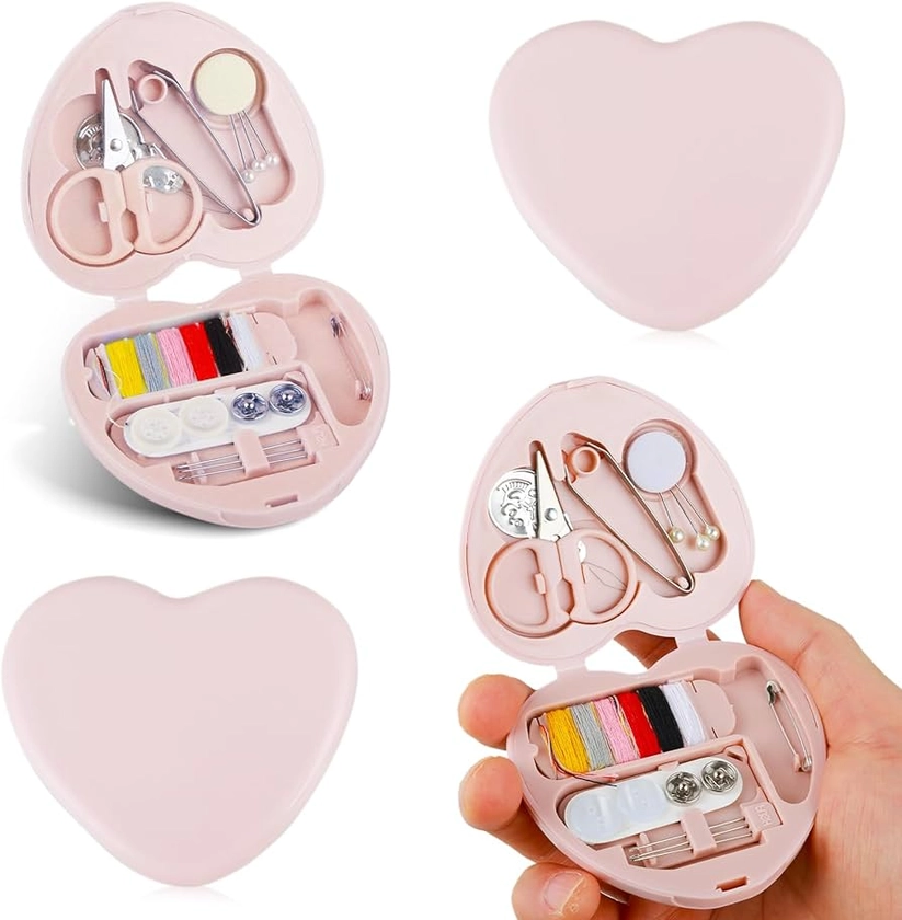 Amaxiu 2 Pcs Mini Travel Sewing Kit, Portable Travel DIY Sewing Supplies with Cute Heart Shaped Organize Case Sewing Repair Kit with Sewing Needle Cotton Wire Pin Button Scissors Threader(Light Pink) : Amazon.co.uk: Home & Kitchen