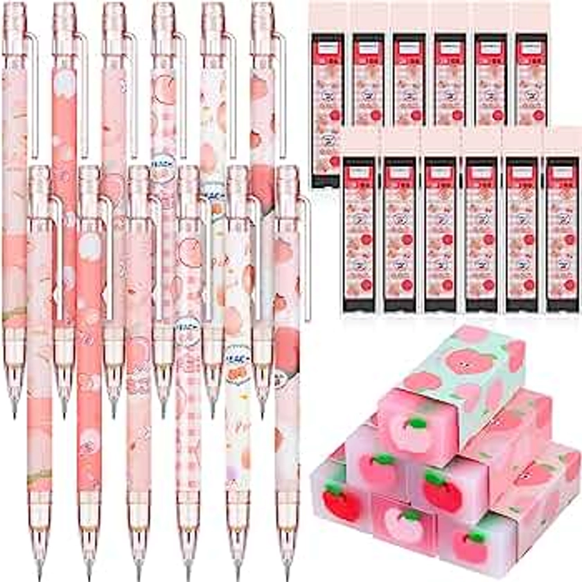 Sabary Kawaii Mechanical Pencil Set Include Peach Mechanical Pencils with Tubes 0.5 mm Pencil Refills and Cute Peach Erasers First Day of School Supplies Back to School Gift for Kids Student(30 Pcs)