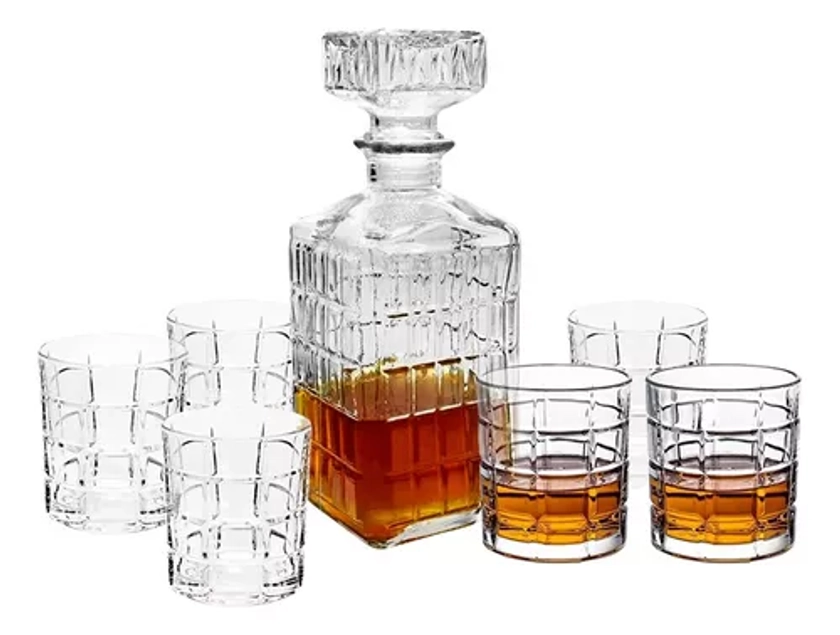 Set Whisky 7 Piezas Vidrio Labrado Botella + 6 Vasos Hsk