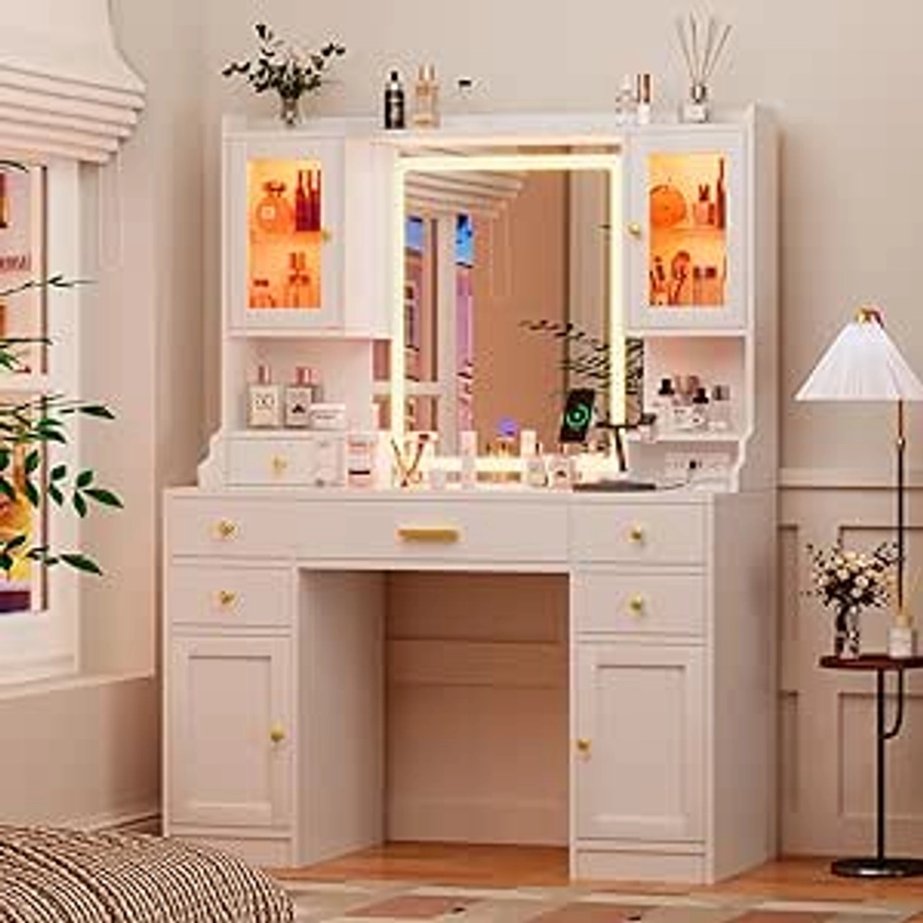 Amazon.com: White Vanity Desk with Mirror, Lights and Charging Station - Large Makeup Table Set with RGB Cabinets and 3 LED Light Modes : Home & Kitchen