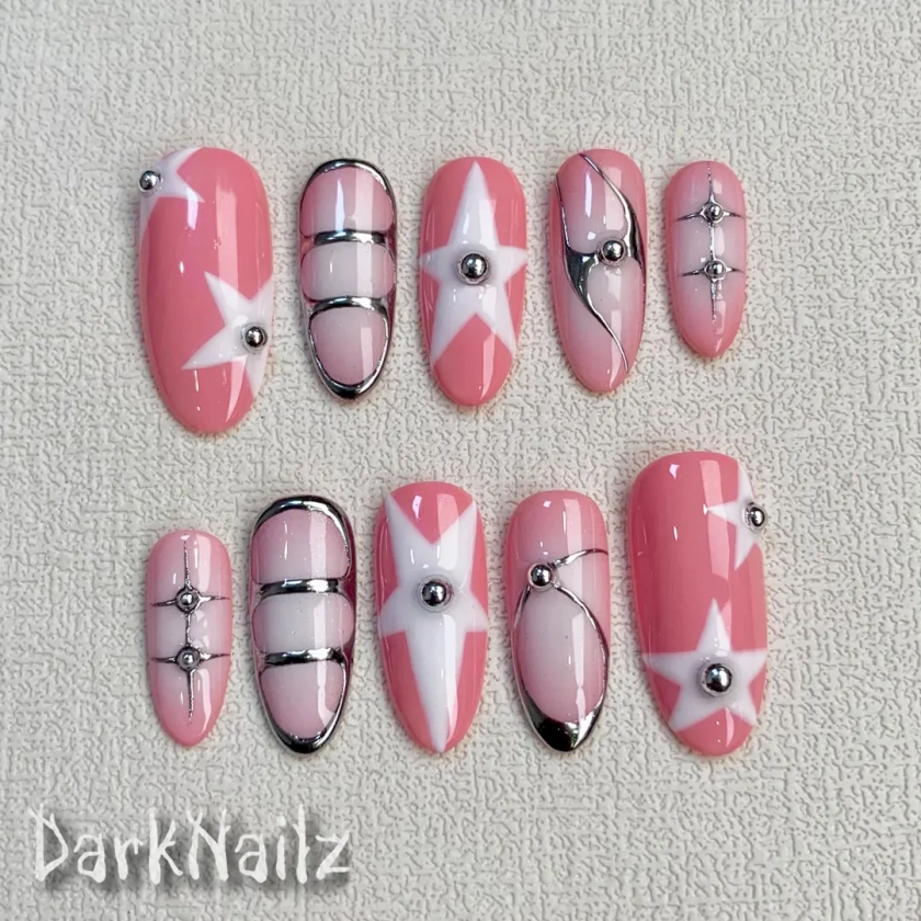 Custom Light Pink Press On Nails, Y2K Spring Summer Stars Nails