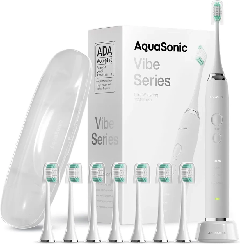 Aquasonic Vibe Series Ultra Whitening Toothbrush ADA Accepted Electric Toothbrush - 8 Brush Heads & Travel Case - Ultra Sonic Motor & Wireless Charging - 4 Modes w Smart Timer Satin Optic White