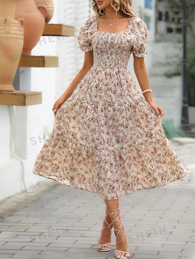 SHEIN VCAY Ditsy Floral Print Puff Sleeve Ruffle Hem Dress