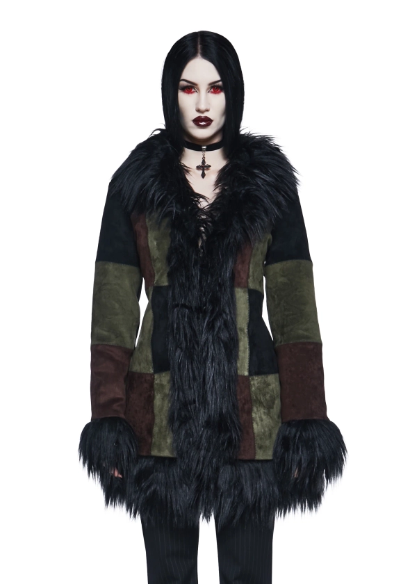 Widow Vampire Goth Faux Suede Faux Fur Trim Patchwork Coat - Multi