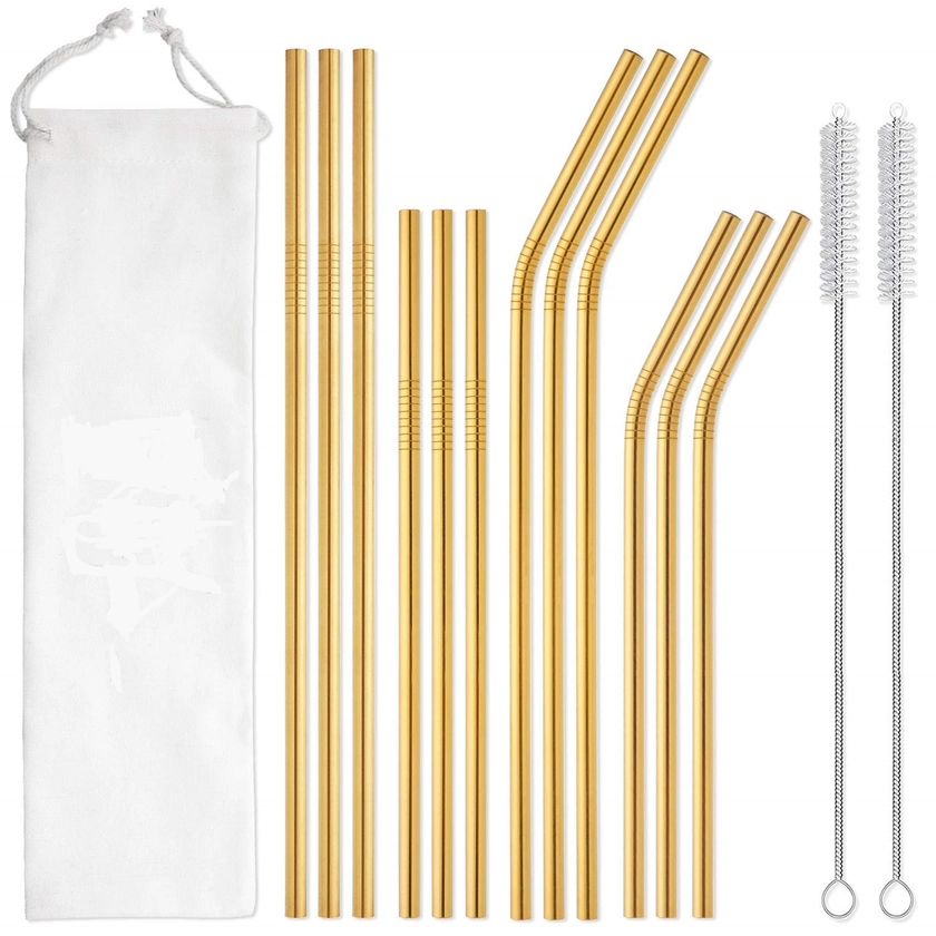 12pcs Reusable Stainless Steel Metal Straws With Case - Long Straws Fit 30 Oz & 20 Oz Glasses Dishwasher Safe - 2 Cleaning Brushes Included for restau