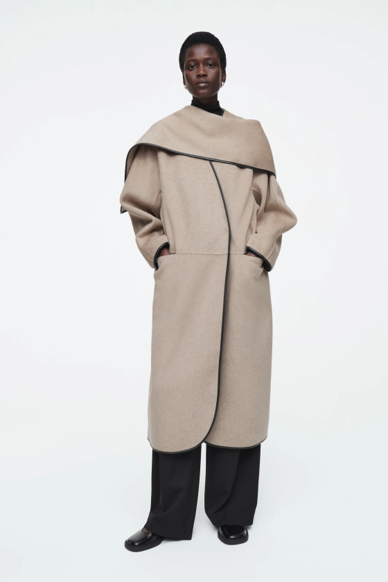 LEATHER-TRIMMED WOOL SCARF COAT - BEIGE