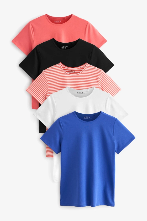 Buy Black/White/Coral/Stripe/Cobalt 5 Pack Crew Neck Cotton Rich T-Shirt from the Next UK online shop