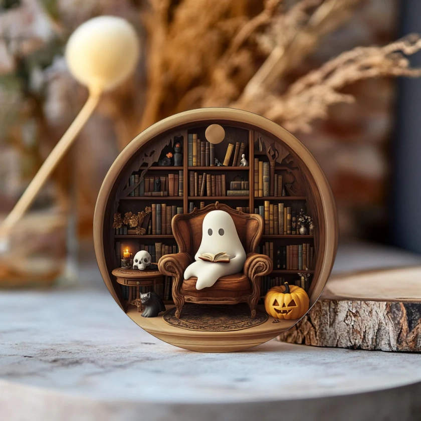 Spooky Ghost Reading Book Halloween Ornament, Haunted Library, Ghost With Books in Library, Spooky Reading Nook, Haunted Library - Etsy Japan