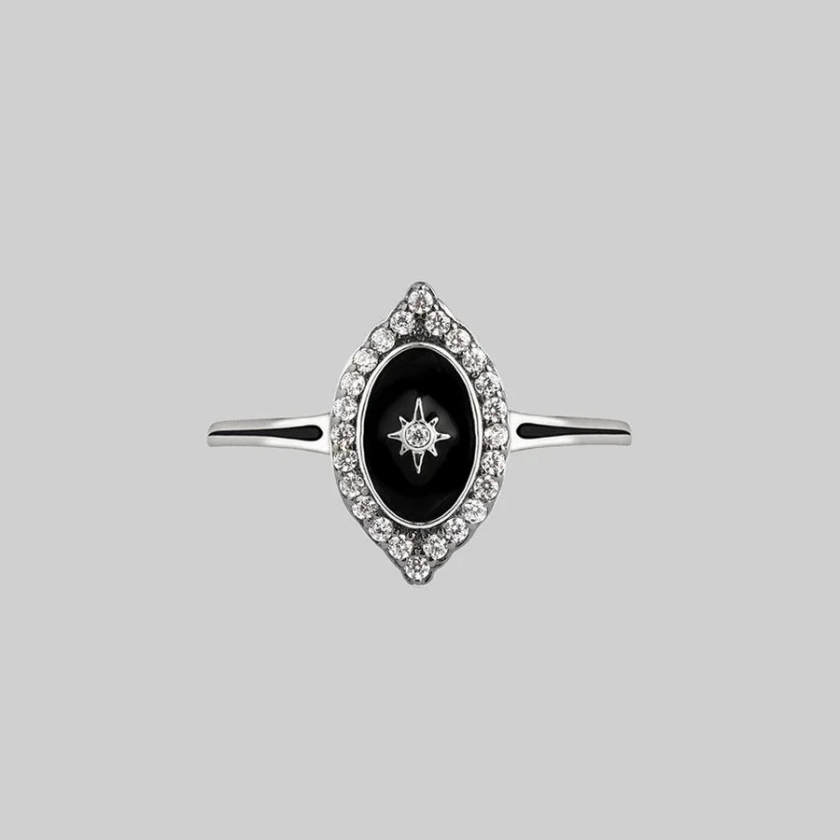 REVERENCE. Oval Black Enamel Crystal Silver Ring