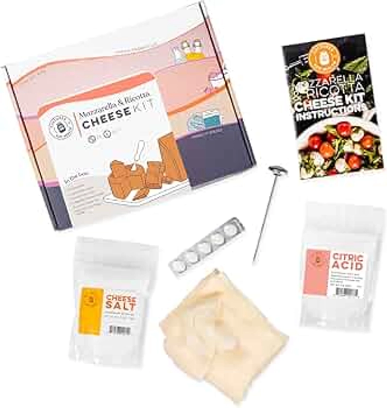 Mozzarella & Ricotta Cheese Making Kit | 5 Piece DIY Kit Includes Cheesecloth, Vegetable Rennet, Citric Acid, Cheese Salt, & Cooking Thermometer | Great Gift Ideas | Italian Cheese Making Supplies