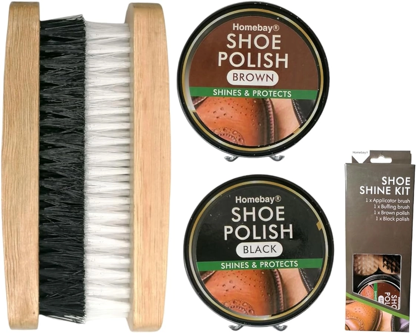 4pc Boot Brush & Wax Polish Set | Traditional Leather Shoe Polish Shine Kit Boot Polish Brush Kit - Includes Applicator Brush, Buffing Brush, Black & Brown Polish