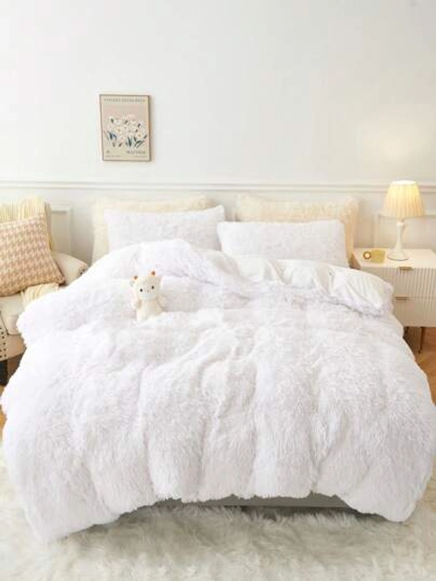 3Pcs White Plain Color Bedding Plush Shaggy Duvet Cover Set Warm Fluffy Faux Fur Duvet Cover With Pillowcases (1pc Faux Fur Duvet Cover+2pcs Pillowcases) Bedding Set For Bedroom Guest Room King Queen Full Twin Size Crystal Velvet Boho Bedding With 1 Duvet Cover And 2 Pillow Shams For Chic Home | SHEIN UK