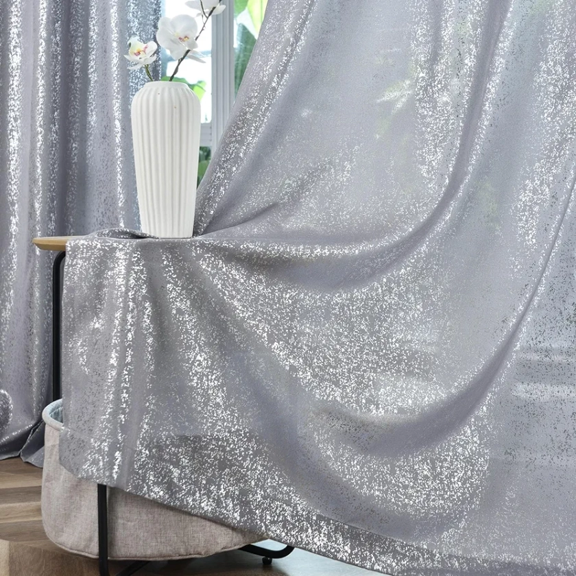 Silver Curtains for Bedroom, Metallic Foil Dots Printed Glam Sparkle Curtains 63 Inch Length, Grommet Privacy Semi-Sheer Shimmer Curtains, 52 x 63 Inch, 2 Panels, Silver Grey