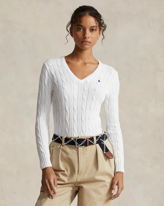 Cable-Knit Cotton V-Neck Jumper for Women | Ralph Lauren® UK