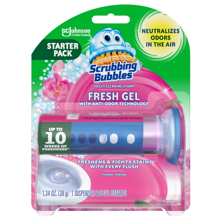 Scrubbing Bubbles Fresh Gel Toilet Cleaning Stamp, Floral Fusion, Dispenser with 6 Gel Stamps, 1.34 Oz