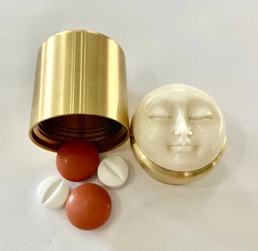 2 Sizes Moon Face,Pill Box, Birth Control Pill Case. Waterproof pill box ,Medicine box, Pill Organizer, Pill Case Gift, Brass pill case