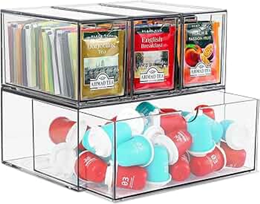 4 Acrylic Coffee Pod Holder Drawer, Stackable K Cup and Tea Bag Organizer, Tea Bag Storage Organizer for Kitchen Organizers and Storage, Multi-Functional Kitchen Organizer, Home Organizer (Clear)