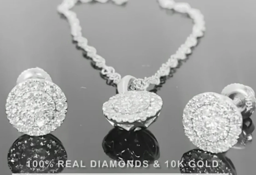 10K WHITE GOLD .60 CARAT REAL DIAMOND 7MM EARRINGS & PENDANT NECKLACE SET WITH WHITE GOLD CHAIN