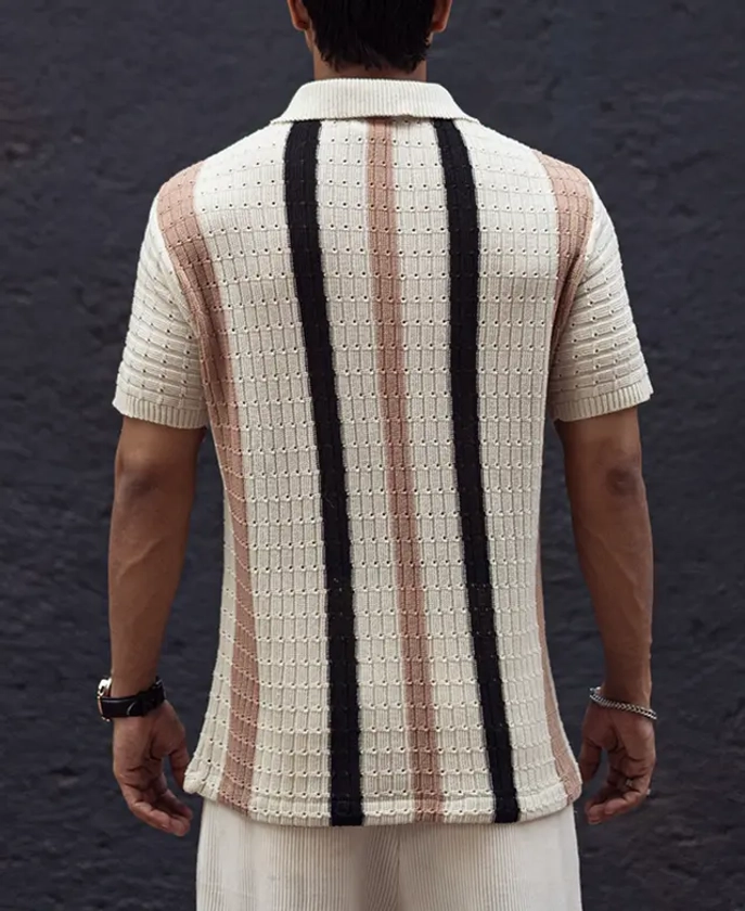 Off White and Beige Crochet Striped Regular Half Sleeves T Shirt