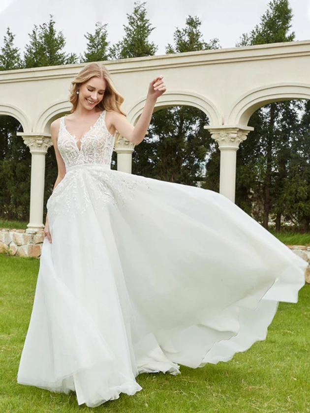 Robe de Mariée Appliquée de A-ligne avec Traîne Balayage Champagne