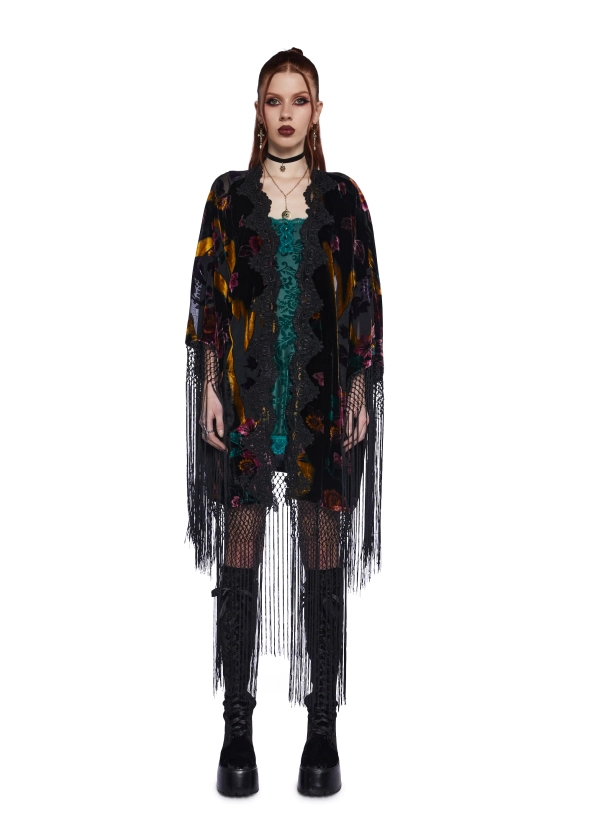 Widow Goth Floral Velvet Lace Fringed Hem Kimono - Multi