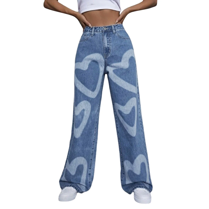 Pants for Women Trendy Dressy Heart Prints Street Loose Cargo Pockets Jeans Trousers