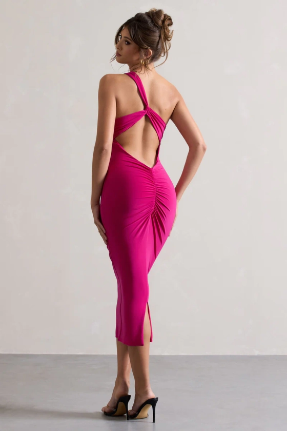 Vineyard | Hot Pink Asymmetric Backless Bodycon Midi Dress