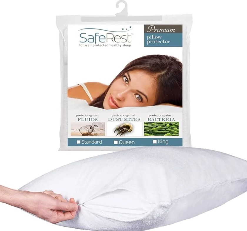 SafeRest Pillow Protector - Pack of 1 - Queen Size Waterproof Pillow Cover - Zippered Pillow Encasement for College Dorm Room, New Home, First Apartment - Cotton Terry, Waterproof, Breathable