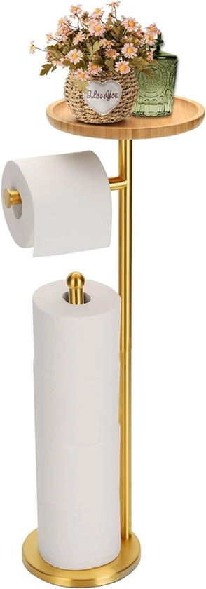 Amazon.com: Toilet Paper Holder Stand with 7.9" Big Bamboo Tray, Gold Floor Standing Paper Holder Storage Stand with Phone Shelf, Reserve for 4 Rolls, Rust-Proof & Heavy Stainless Steel Base - Gold : Tools & Home Improvement