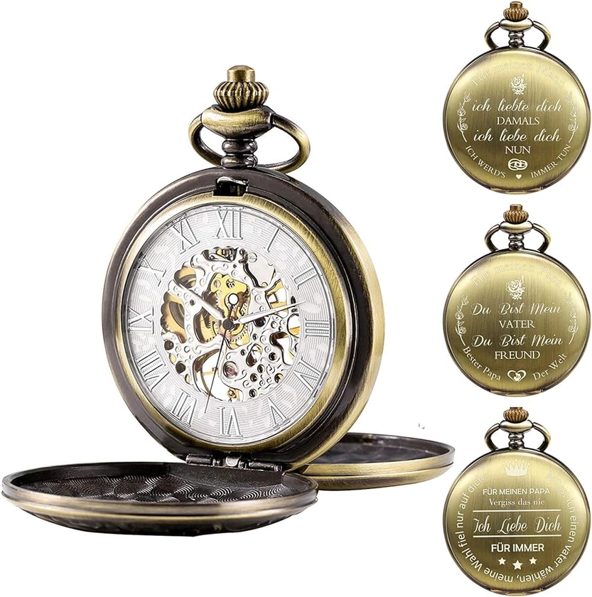 TREEWETO Men's Pocket Watch Personalised Engraved Pocket Watch with Chain Classic Vintage Mechanical Gifts Gift for Wedding Groom Groom Best Man, 2. Bronze, Dies: