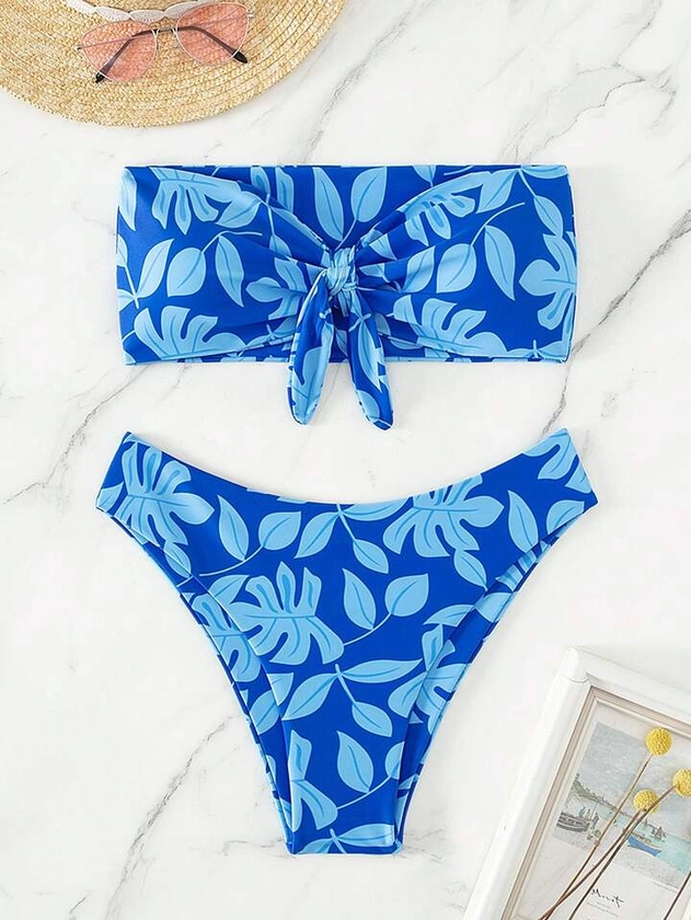 SHEIN Swim Summer Beach Tropical Print Knot Front Bandeau Bikini Swimsuit | SHEIN USA
