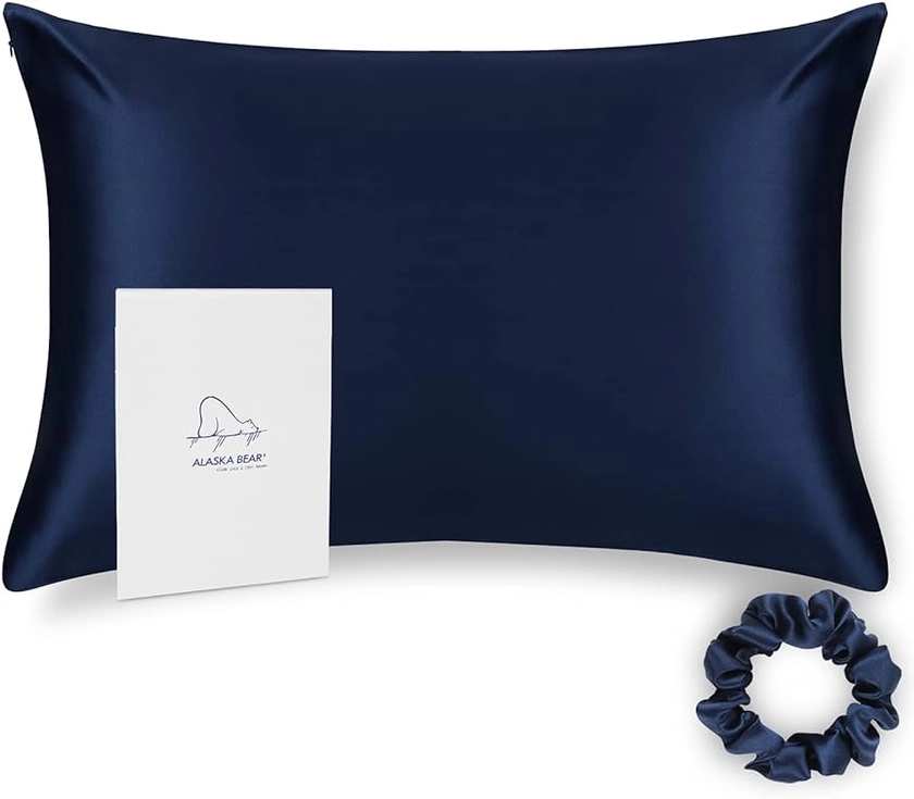ALASKA BEAR - Natural Silk Pillowcase, Hypoallergenic, 19 momme, 600 thread count 100 percent Mulberry Silk, Standard Size 50x75 cm with hidden zipper(Navy Blue)