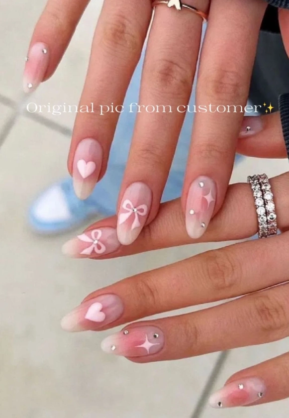 Custom Design No.27 Press On Nails | Jelly White & Pink Blush | Hand-painted Bow | Luxury Nails | High Quality Nails | Gel Nails | rmz1825