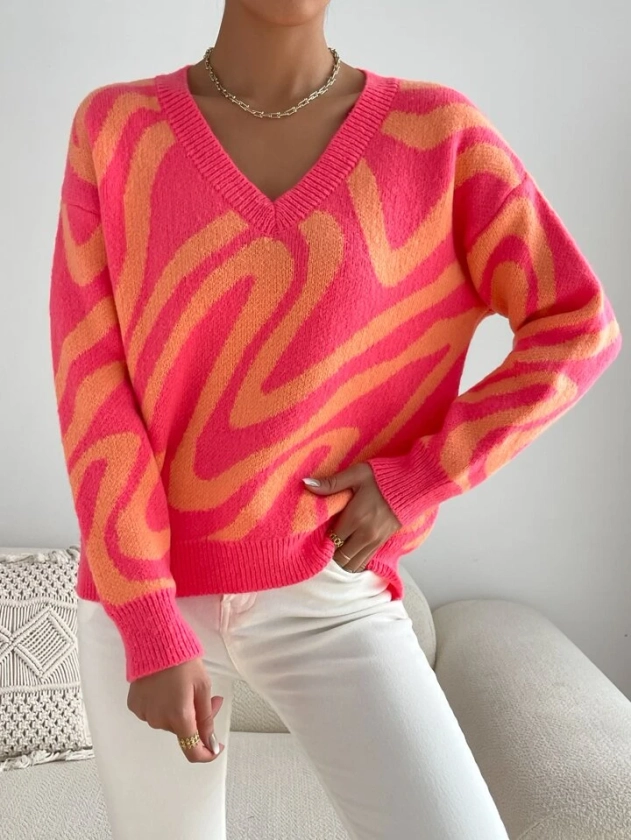 SHEIN Essnce Graphic Pattern Drop Shoulder Sweater | SHEIN USA