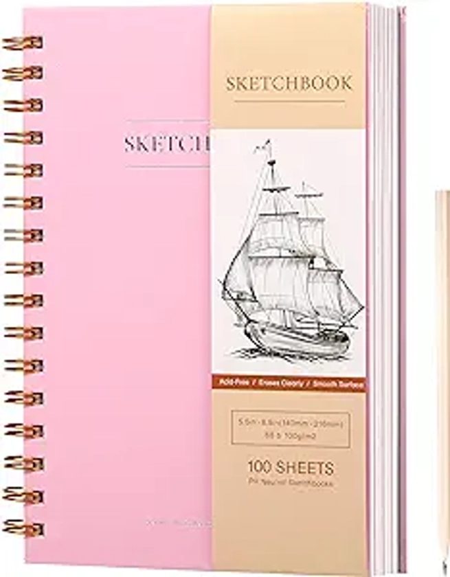 Yoment 5.5" x 8.5" Sketchbook for Drawing Small Spiral Bound Sketch Pad for Kids Hardcover Sketch Book(68lb/100gsm) Artist Drawing Blank Paper Notebook for Painting Sketching Pad with Pencil, Pink