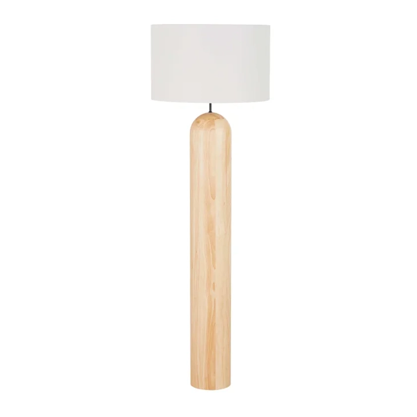 Lampadaire en bois d'hévéa et abat-jour blanc H157