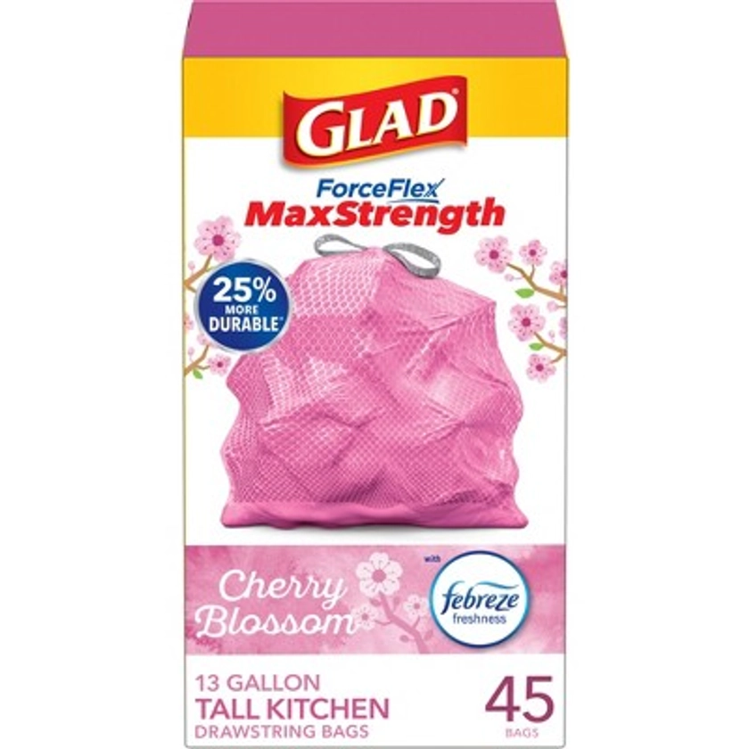 Glad ForceFlex MaxStrength Tall Kitchen Drawstring Pink Trash Bags - Cherry Blossom - 13 Gallon/45ct