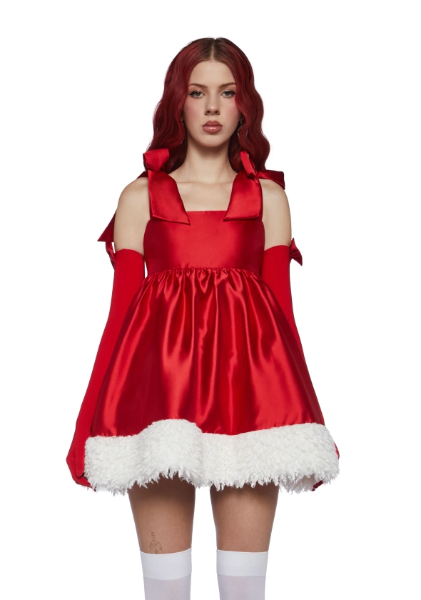 Sugar Thrillz Satin Babydoll Dress With Gloves - Red