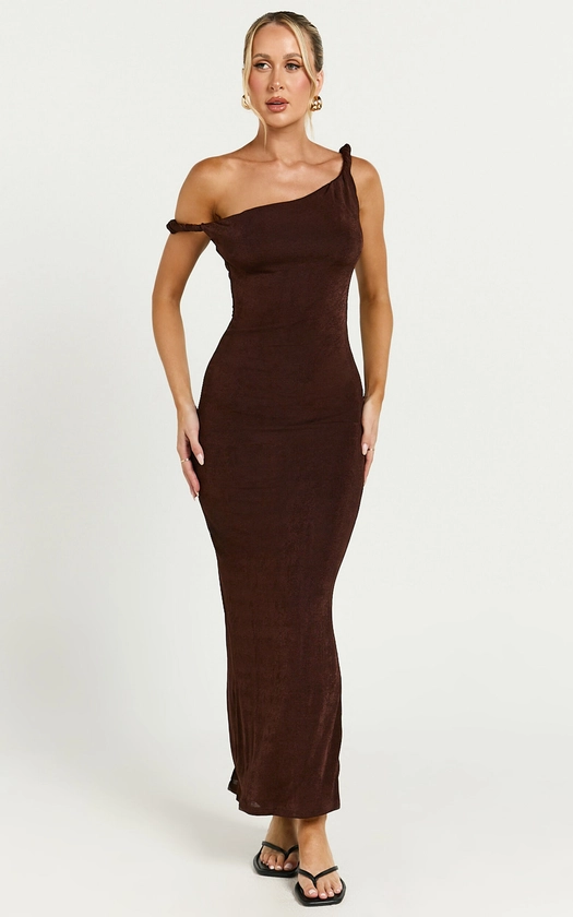 Isabel Midi Dress - Twist Off Shoulder Bodycon Dress in Chocolate