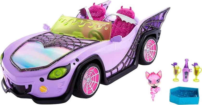 Monster High Toy Car, Ghoul Mobile with Pet and Cooler Accessories, Purple Convertible with Spiderweb Details