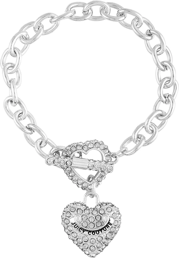 Juicy Couture Silvertone Glass Stone and Heart Charm Toggle Bracelet