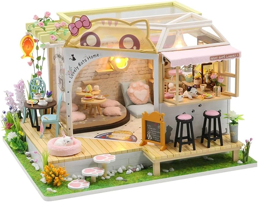 erhumama DIY Dollhouse Miniature Cat Coffee Shop 3D Model Kits Wooden Dolls House Furniture Lights Accessories Birthday Xmas Gift For Boys Girls (Cafe) : Amazon.co.uk: Toys & Games