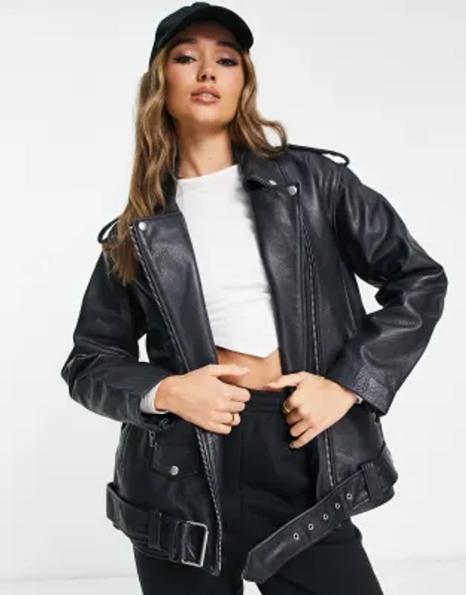 ASOS DESIGN oversized premium real washed leather biker jacket in black | ASOS