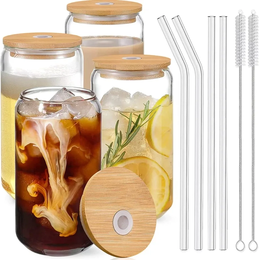 Arcooken Drinking Glasses with Bamboo Lids and Glass Straw 4pcs Set, 16oz Can Shaped Glass Cups, Beer Glasses, Iced Coffee Glasses, Cute Tumbler Cup, Ideal for Whiskey, Soda, Boba Tea, Water, Gift