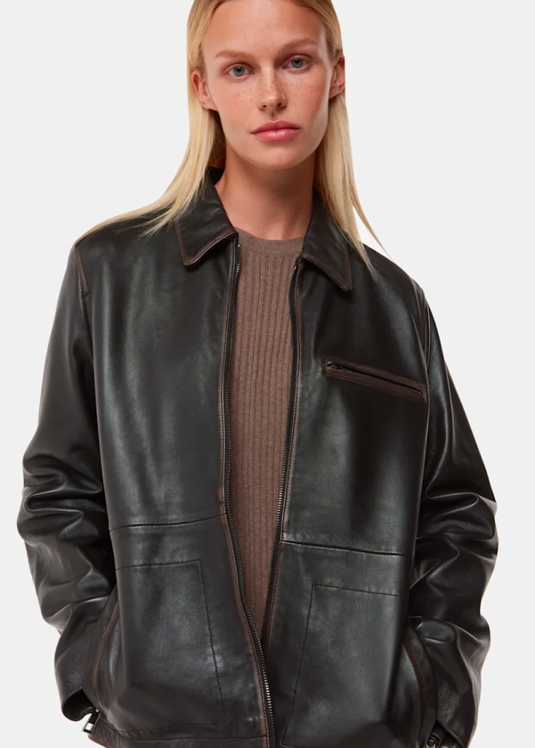 Brown Kate Burnished Leather Jacket | WHISTLES | Whistles UK | 